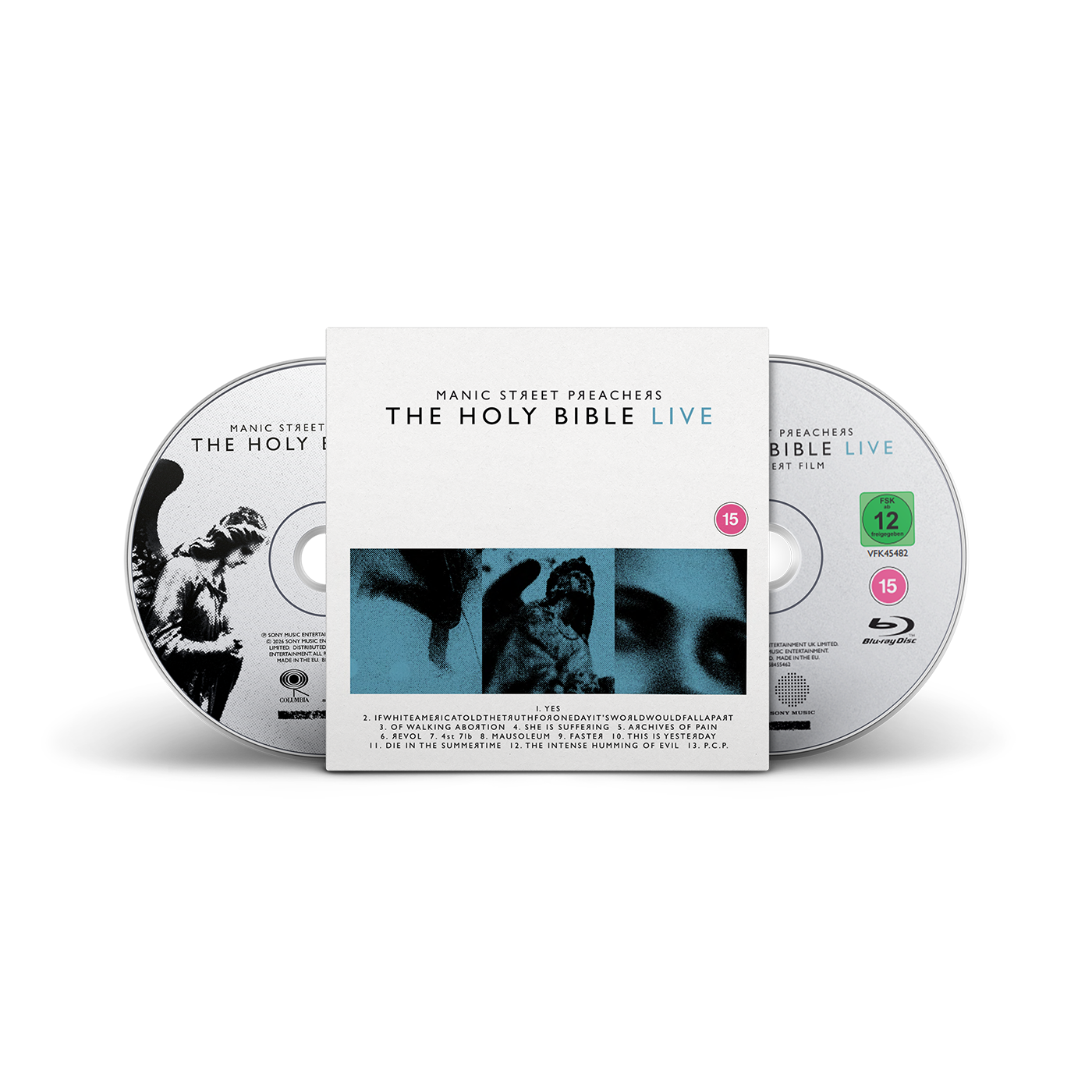 The Holy Bible Live 2-disc CD & Blu-ray set by Manic Street Preachers, featuring a white slipcover with blue and black imagery, flanked by one CD and one Blu-ray disc.
