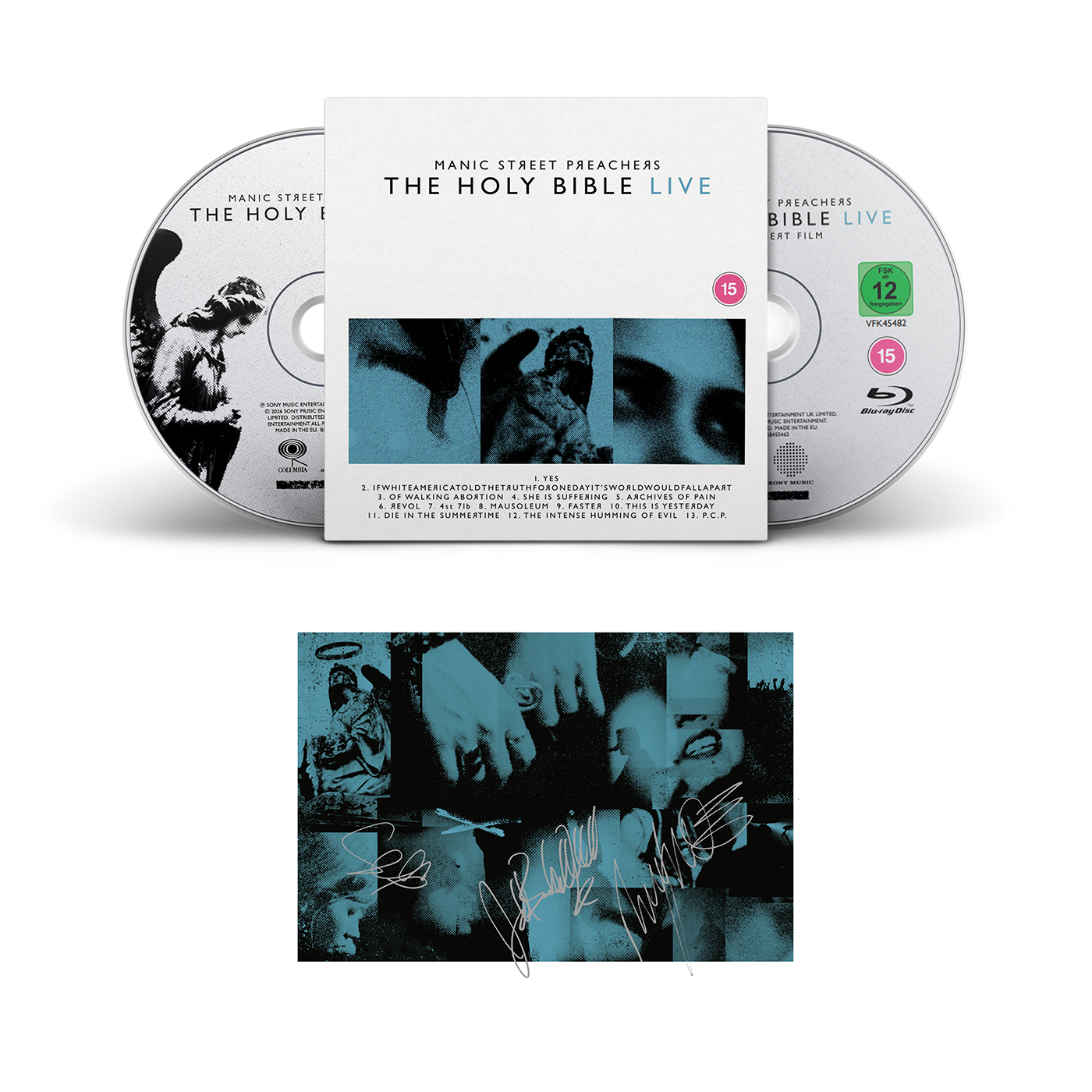 Manic Street Preachers 'The Holy Bible Live' 25th anniversary edition, featuring a CD, a Blu-ray, a booklet, and an autographed photo on a white background.